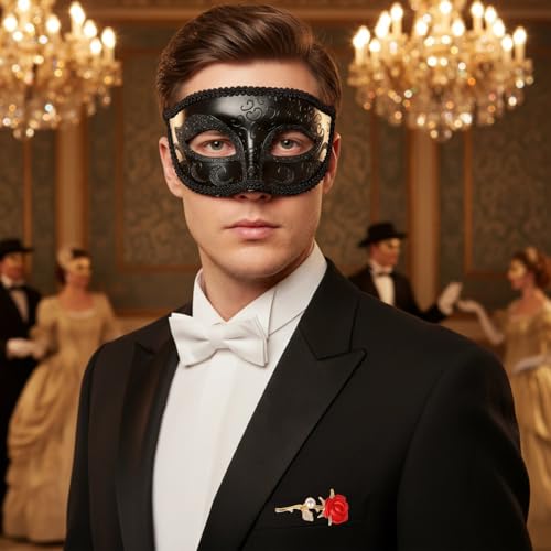 Hyperfun Experience Masquerade Mask for Men with Brooch for Halloween Mardi Gras Party