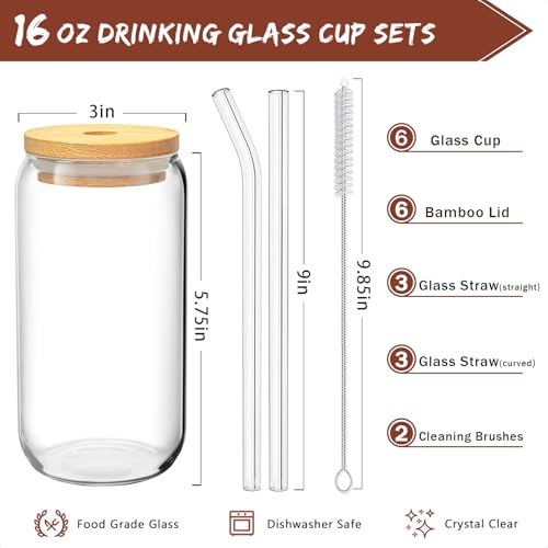 SENTVEND 16 Oz Drinking Glasses with Bamboo Lids and Glass Straw - 8 Pcs Glass Cups Beer Ice Coffee Glasses Cute Aesthetic...