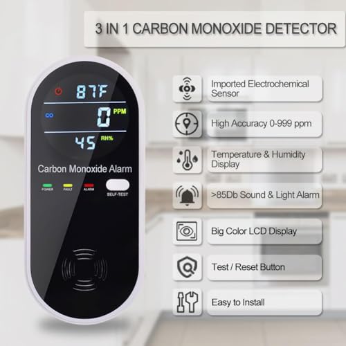 Carbon Monoxide Detectors, Carbon Monoxide Detector Plug in with Temperature Humidity Sensor Built-in, CO Level Monitor Alarm with Clear LCD Display Sound & Light Warning for Home/Hotel/RV