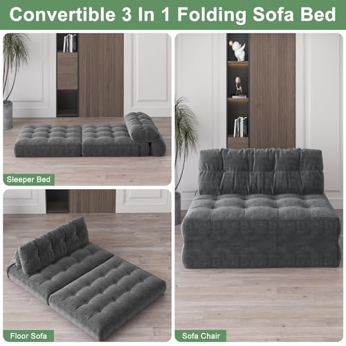 Garvee Folding Sofa Bed, Futon Sofa Bed, Floor Folding Couch for Living Room, Convertible Sleeper Chair with Pillow Foldable Mattress Back Support, Portable Fold Out Couch, Full Corduroy Dark Grey