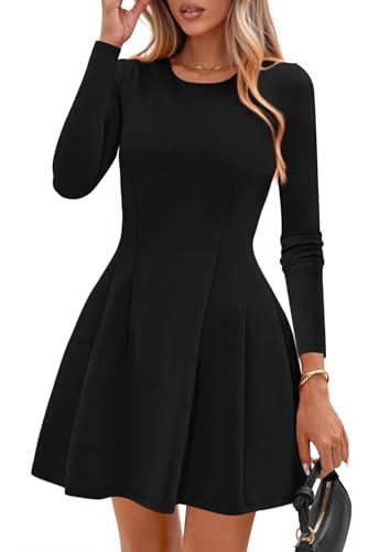 PRETTYGARDEN Long Sleeve Mini Dress for Women 2026 Spring Crewneck Knit Pleated Babydoll A Line Casual Short Party Dresses