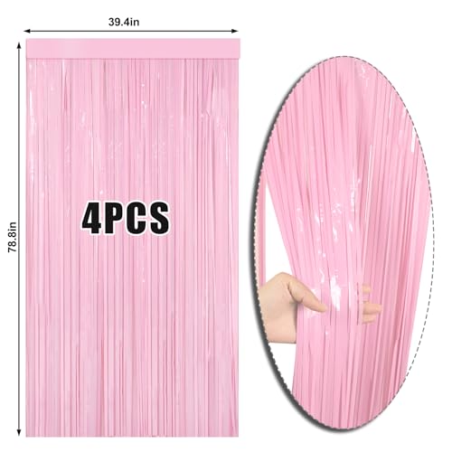 4 Packs Pastel Pink Foil Fringe Curtain, Baby Pink Metallic Tinsel Backdrop for Birthday, Wedding, Baby Shower, Princess B...