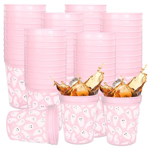 JarThenaAMCS 24 Pcs Halloween Ghost Plastic Cups Pink Cute Ghost Boo Reusable Cups Trick or Treat Party Drinkware Supplies...