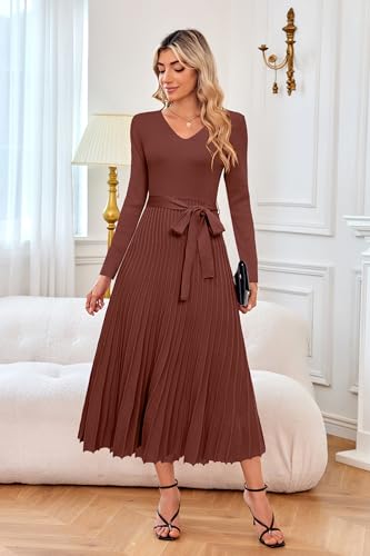 Arach&Cloz Women's Wool Blend Tie Waist Pleated Fall Sweater Dress 2025
