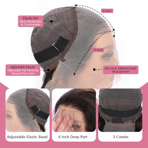 13x6 Ombre Lace Front Wig Human Hair 1B/30 Body Wave Lace Frontal Wigs Human Hair Pre Plucked 180% Density Highlight HD Lace Front Colored Wig Human Hair Glueless Balayage Wig for Women 20 Inch