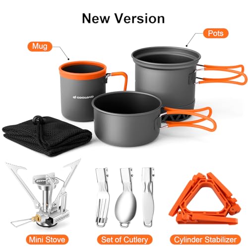 Odoland Camping Pots with Heat Exchanger Camping Cooking Set with Portable Camping Stove Camping Mess Kit Include Mug, Fol...