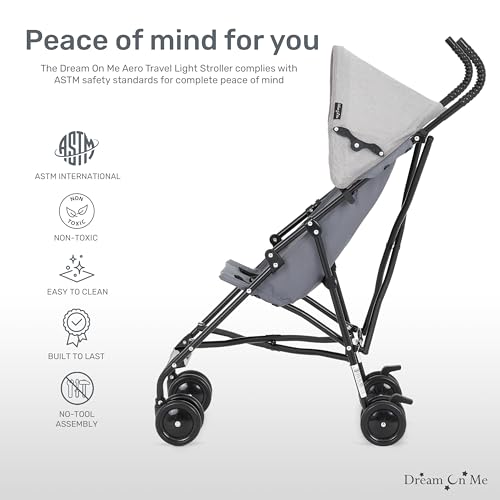 Dream On Me Aero Travel Umbrella Stroller, One-Hand Quick Fold, 3-Point Safety Harness, Dual Brakes, Adjustable Removable ...