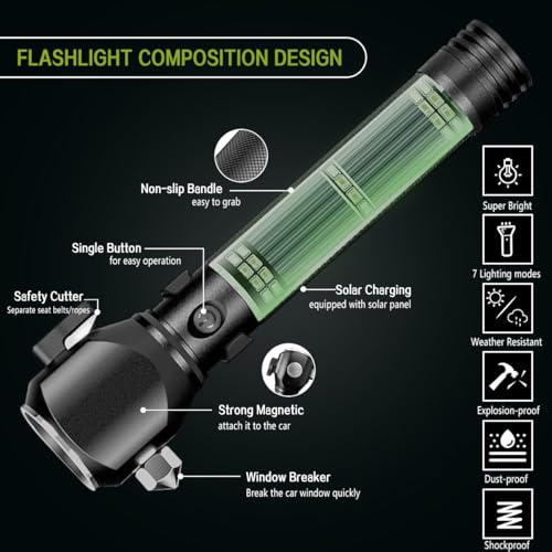 Serjur Rechargeable Solar Powered Flashlight,Multi Function LED Tactical Flashlight with Glass Breaker,Seatbelt Cutter,Ala...