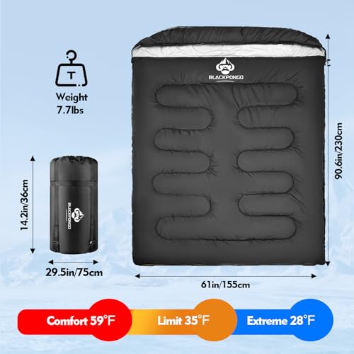 Blackpongo Double Sleeping Bag for Adults Men Women, XL Queen Size Two Person Sleeping Bag for All Season Camping Hiking B...
