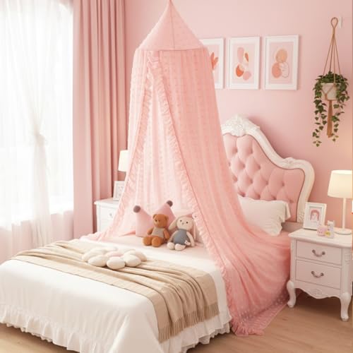 Mengesi Bed Canopy with Pom Pom- Lace Chiffon Canopy Bed Curtains, Ruffles Princess Reading Nook Play Tent for Girls Room...