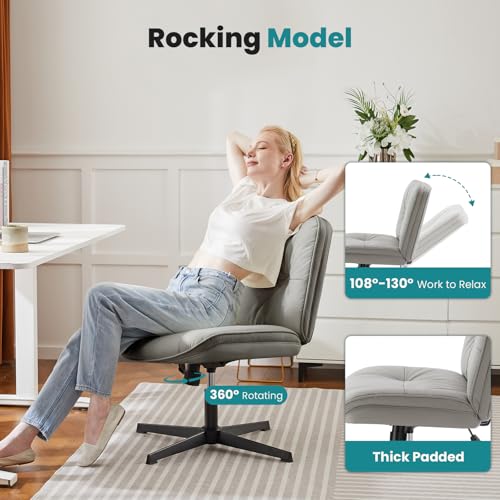 OLIXIS Criss Cross Chair Without Wheels, Cross Legged Office Chair, Armless Wide Vanity Desk Chair with Comfy PU Leather& ...