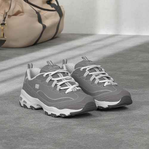 Skechers Women's D'Lites - Me Time Lace Up Fashion Sneakers, Grey / White, 7.5 Wide