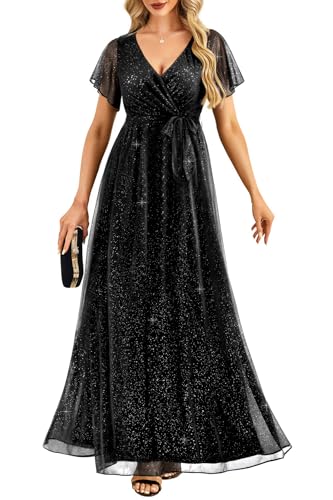 Pinup Fashion Formal Gowns and Evening Dresses - Glitter Prom V Neck Flutter Sleeve A-line Long Dress with Belt