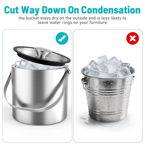 3L Stainless Steel Ice Bucket, Double Wall Insulated Ice Bucket with Lid, Drain Plate, Scoop, Tong for Parties Cocktail Bar
