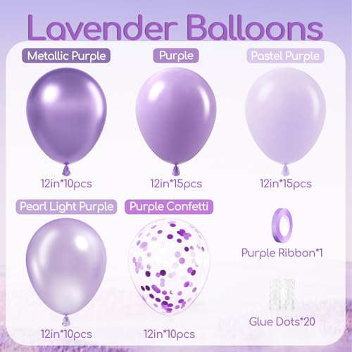 60pcs Lavender Balloons 12inch, Light Purple Balloons with Pastel Metallic Pearl Purple Confetti Balloons for Birthday Bab...
