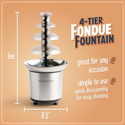 Nostalgia 4 Tier Electric Chocolate Fondue Fountain Machine for Parties - Melts Cheese, Queso, Candy, and Liqueur - Dip St...
