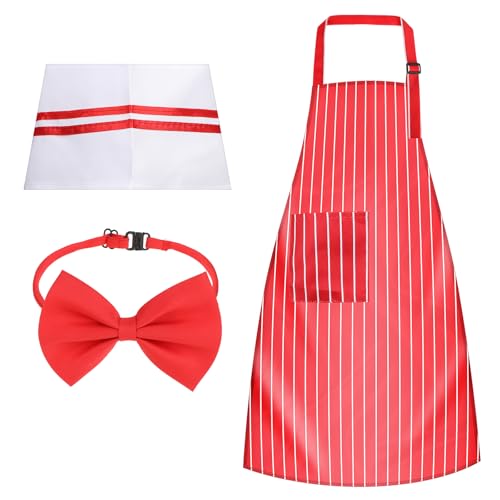 Waiter Costume Kit, 3 Pcs Adult Carnival Costume 1950s Red and White Striped Soda Jerk Server Apron with 2 Pockets Chef Ha...