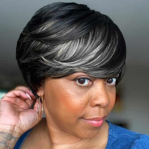 ToyoTress Short Pixie Cut Wigs - 4 Inch Black With White Bangs Short Layered Wig For Black Women, Light Yaki Straight Daily Cost