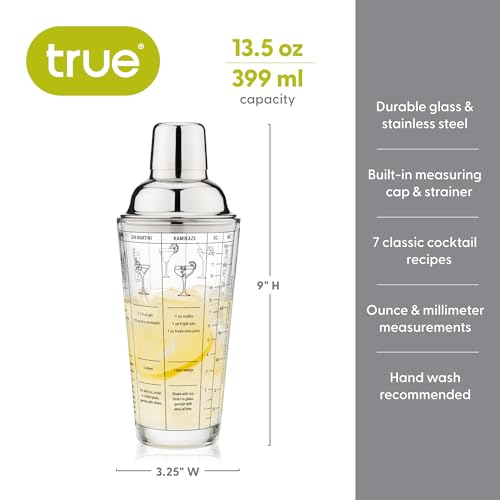 True Glass Cocktail Shaker with 7 Classic Recipes and Measurements for Cold Brew Cocktails, Home Bar Accessories, Bar Tool...