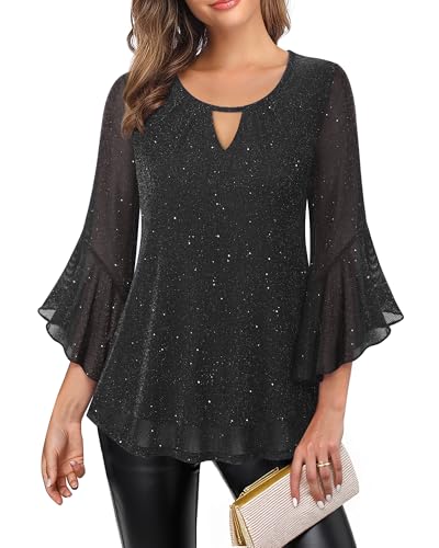VALOLIA Womens Sparkly Tops Dressy Ruffle 3/4 Sleeve Blouses Glitter Cocktail Party Evening Shirts