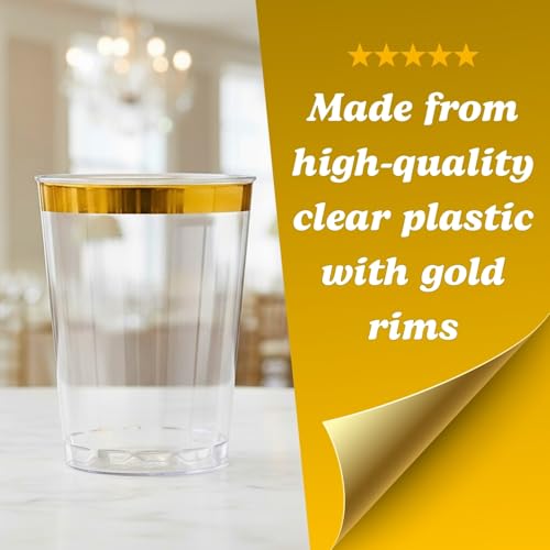 BLUESKY Elegant Gold Rim Plastic Tumblers - 8oz Crystal Clear Plastic Cups (50 Count) Disposable Clear Cups For Wine & Col...