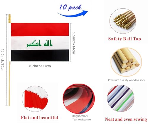 10 Pack Iraq Flags -IRQ Handheld Flag-Desktop Flag-5x8 In, Iraqi Mini Flag. Suitable For Party Decorations, Store Display...