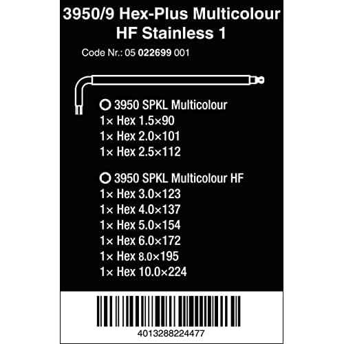 3950/9 HEX-PLUS HF 1 L-KEY SET,METRIC,STEEL,W/HOLD,9PC
