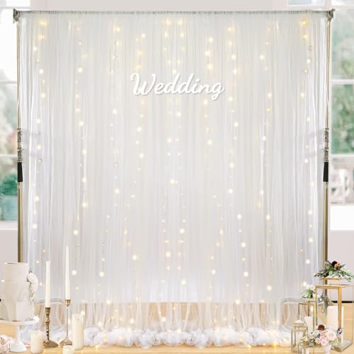 Tulle Backdrop Curtain with Lights: 2 Pcs 5×10ft White Sheer Fabric Background - Wedding Party Birthday Photo Decor