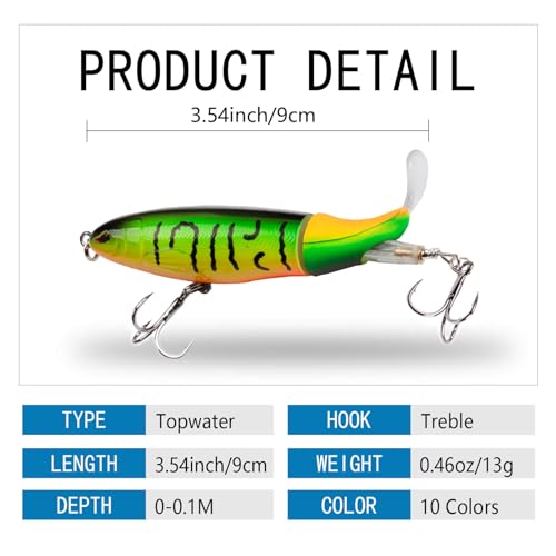 RTGSE 10Pcs Whopper Fishing Lure for Bass Popper Top Water Fishing Lures with Floating Rotating Tail Barb Treble Hooks in ...
