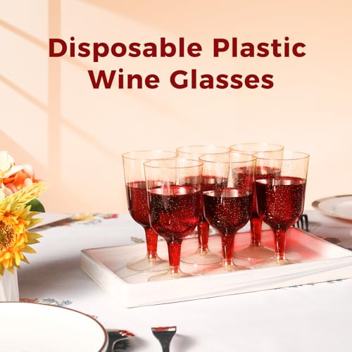 TENYASEN 30 Pack 6oz Plastic Wine Glasses – Disposable Gold Glitter Mini Stemware with Removable Base for Weddings, Partie...
