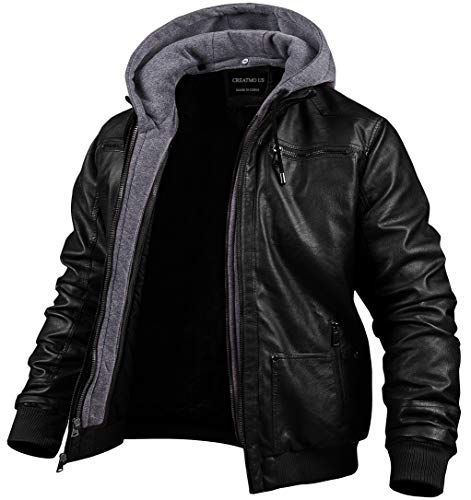 CREATMO US Men's Faux Leather Jacket Motorcycle Jacket Waterproof Windproof PU Moto Vintage Bomber Hoodie with Removable Hood