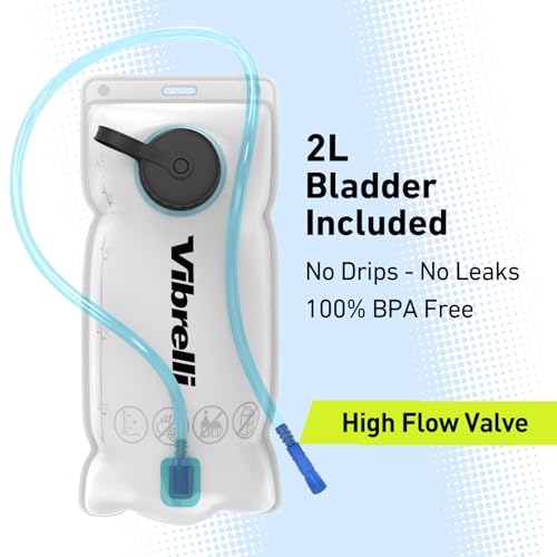 Vibrelli Hydration Backpack & 2L Hydration Bladder - High Flow Bite Valve - Hydration Pack for Cycling, Running, Hiking