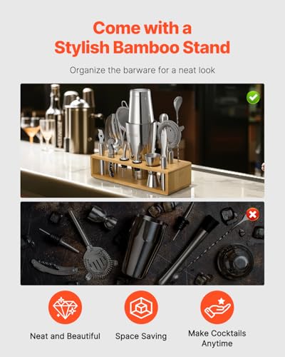 VEVOR Cocktail Shaker Set, 13-Piece Stainless Steel Bar Tools with Bamboo Stand, Boston Bartender Kit Accessories | Mixer ...