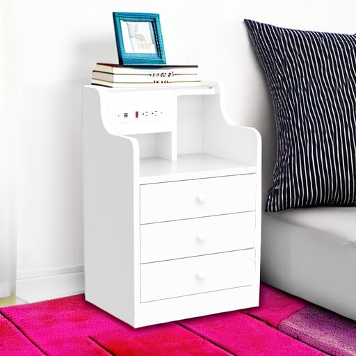 Tiptiper Nightstand with Charging Station, Night Stand with 3 Storage Drawers, Bedside Table with Hutch, Modern End Side Table for Bedroom,White