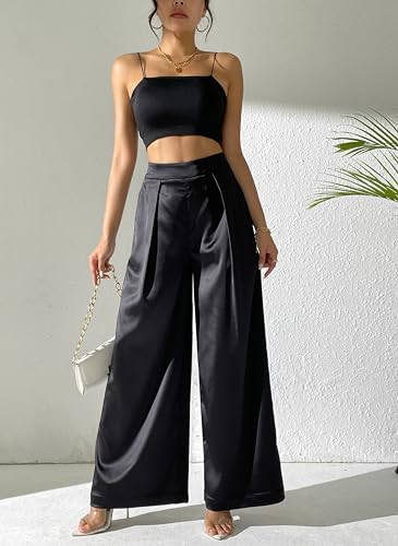 Women's Satin Wide Leg Palazzo Pants Plicated Silky Pull on Party Dress Casual Pant Trouser