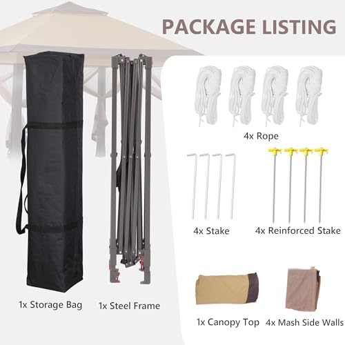 GDY 11x11 Pop Up Canopy Tent, Outdoor Canopy with Netting, Outdoor Gazebo for Backyard, Tent with Wheeled Cover Bag, Brown.