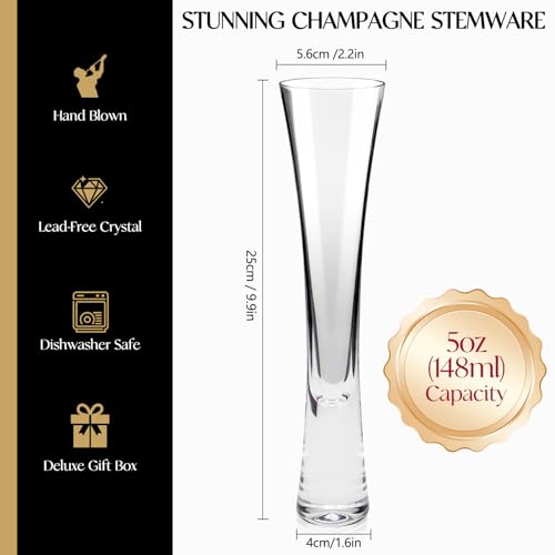 Yaschmo Champagne Flutes Set of 4, Hand Blown Crystal Champagne Glasses, Modern Unique Design, Lead-Free Prosecco Glasses,...