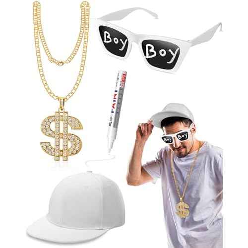 Yahenda 4 Pcs Halloween 80s 90s Hip Hop Costume Accessories Kit Rapper 2000s Sunglasses Hat Chain Outfit for Adults