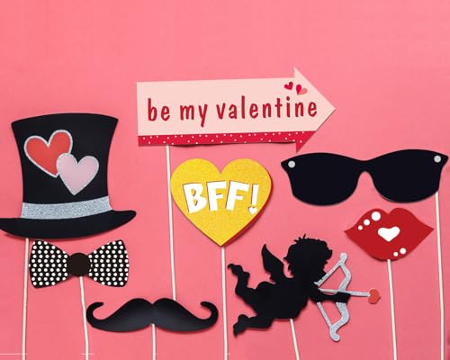 38pcs Valentines Day Party Photo Booth Props, Selfie Frame with Valentines Day Party Photo Props Backdrop Decorations Supp...