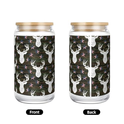 PPIKTC 16oz Borosilicate Tumbler with Lid & Glass Straw, Cool Deer Camo Camouflage American Flag Hunting Black, Hot/Cold D...