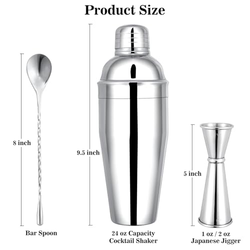 BARsics 24oz Stainless Steel Bar Cocktail Shaker, 1oz/2oz Jigger and 8" Mixing Spoon