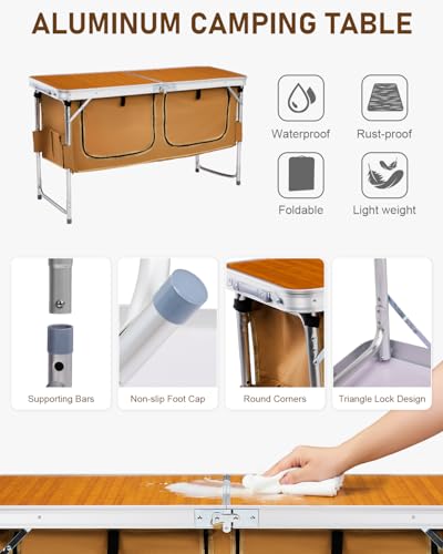 Outvita Folding Table, 4FT Aluminum Camping Table with Large Storage Space and Adjustable Height Picnic Table Lightweight ...