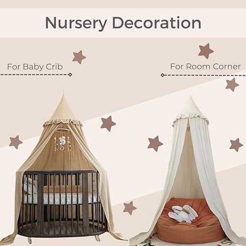 Wonder Space Kids Bed Canopy with Ruffles, Pastel Neutral Color for Boys & Girls, Frilled Cotton Tent Nursery Room Baby Cr...