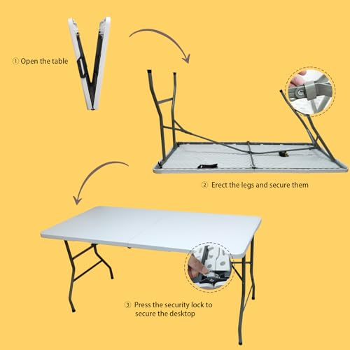 YDY+YQY Folding Table 5ft, Plastic Heavy Duty Fold in Half Table Portable Height Adjustable with HDPE Top for Indoor Outdo...