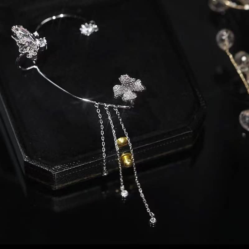 RIJXU 2 Pairs Dainty Silver Butterfly Ear Cuffs & Wraps for Women Non Piercing Bling Butterfly Tassel Style Zircon Earrings Ear Clips Bridal Wedding Jewelry (Silver)