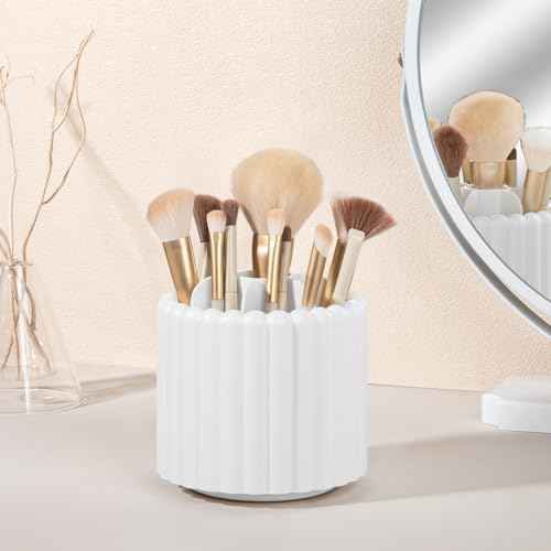 Anyoifax 360 Rotating Makeup Brush Holder 7 Slots Make Up Brush Organizer Removable Spinning Cosmetic Brushes Storage Pen Holder for Vanity, Dresser, Desk, White