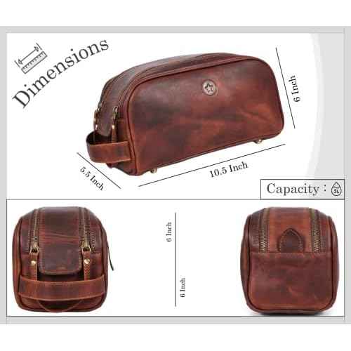 Leather Toiletry Bag for Men | Grooming Travel Kit | With Waterproof Lining | By Aaron Leather (Dark Brown)
