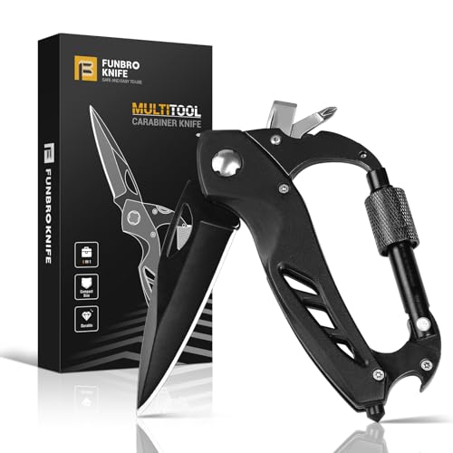 FUNBRO Multitool Carabiner with Pocket Knife, Stocking Stuffers Gifts for Men, EDC Carabiners with Folding Knives, Bottle ...