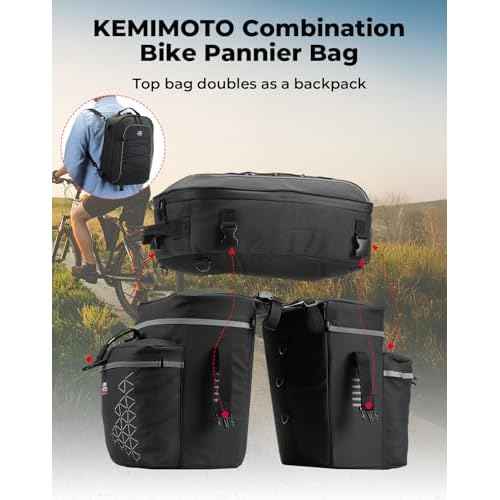 KEMIMOTO Bicycle Panniers Combo 3-in-1, Bike Saddle Grocery Bag with Waterproof Rain Cover, 52L Large Capacity Storage Cargo Cycling Backpack, Mountain Road E-bike Trunk Bag, Black