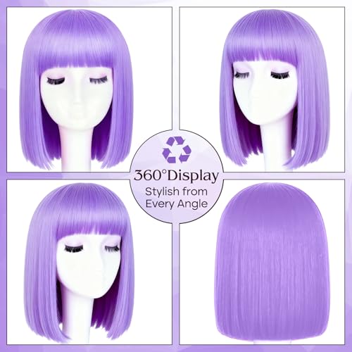 PLULON Short Light Purple Straight Bob Wig with Bangs, Shoulder Length Heat Resistant Synthetic Hair Bob Wigs with Heart S...